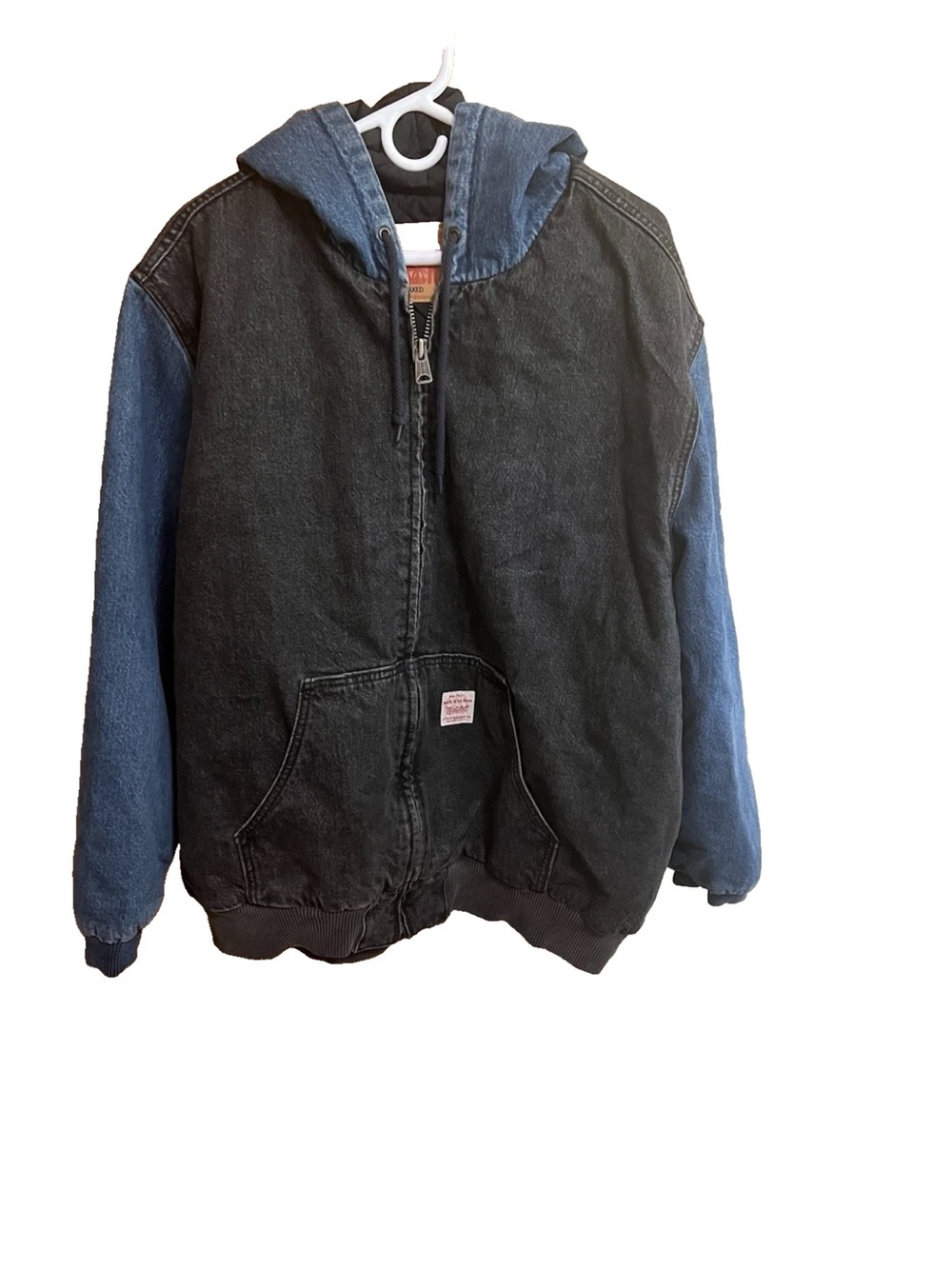 Levi’s Potrero Hood Denim Jacket Men XL Colorblock Black Blue Quilted Irregular
